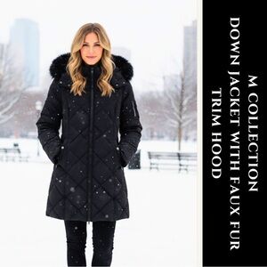 M Collection Quilted Puffer with Faux Fur Hood